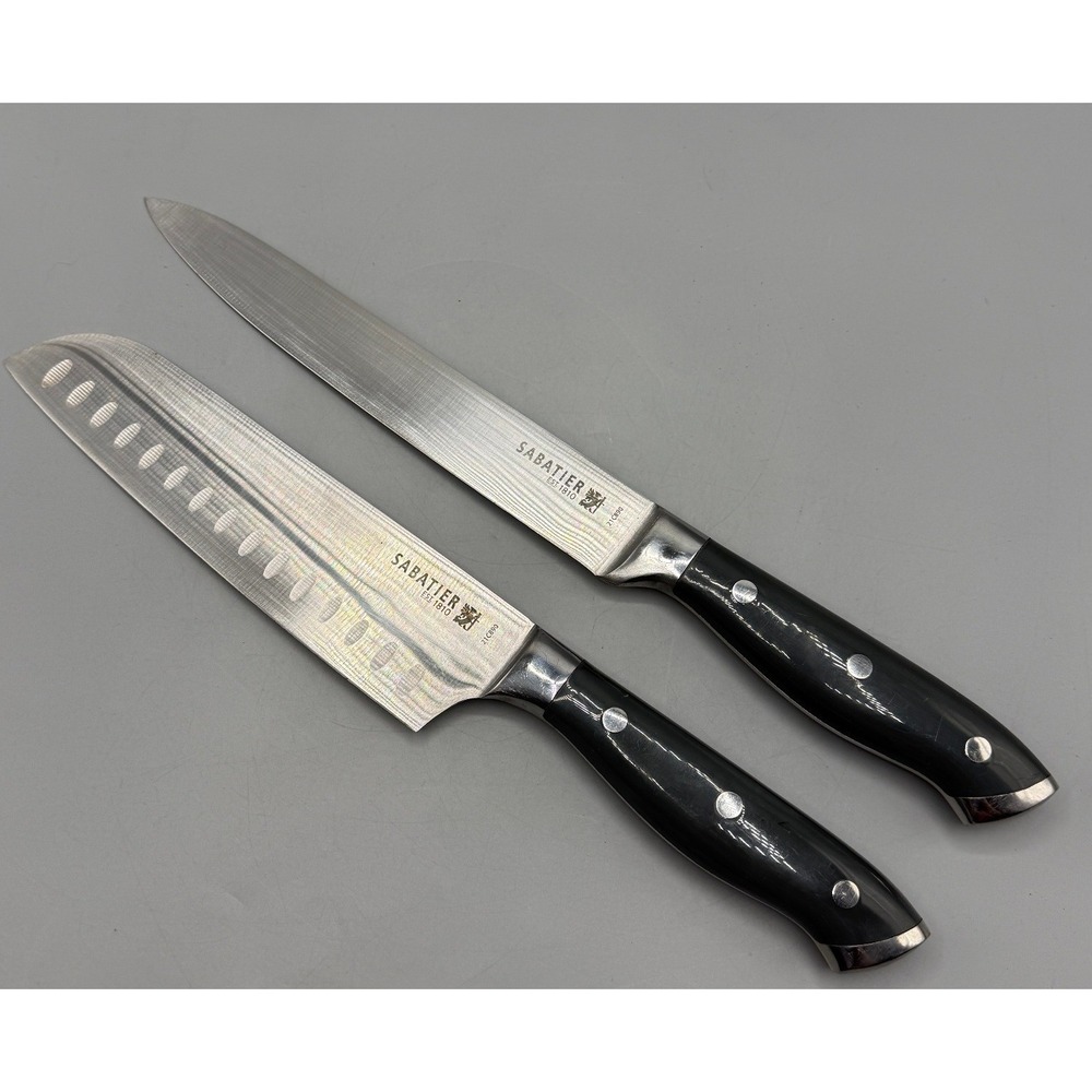 Sabatier 21C890 2 Piece Knife Set 7in Santoku 8in Slicer Damascus Etched Steel